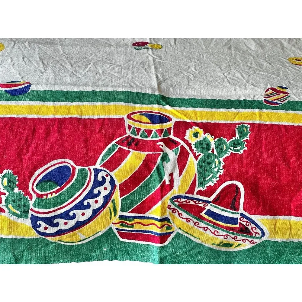 Southwestern Tablecloth 63” x 49” VTG With Red Green Yellow & Blue Stripes - Picture 3 of 16